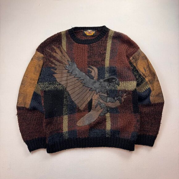 Harley-Davidson Other - Vintage Harley-Davidson Brown Multicolor Eagle Leather Patch Knit Sweater Size M